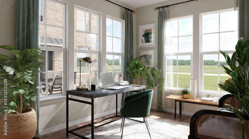 Bright, modern home office with large windows Bright, modern home office with large windows