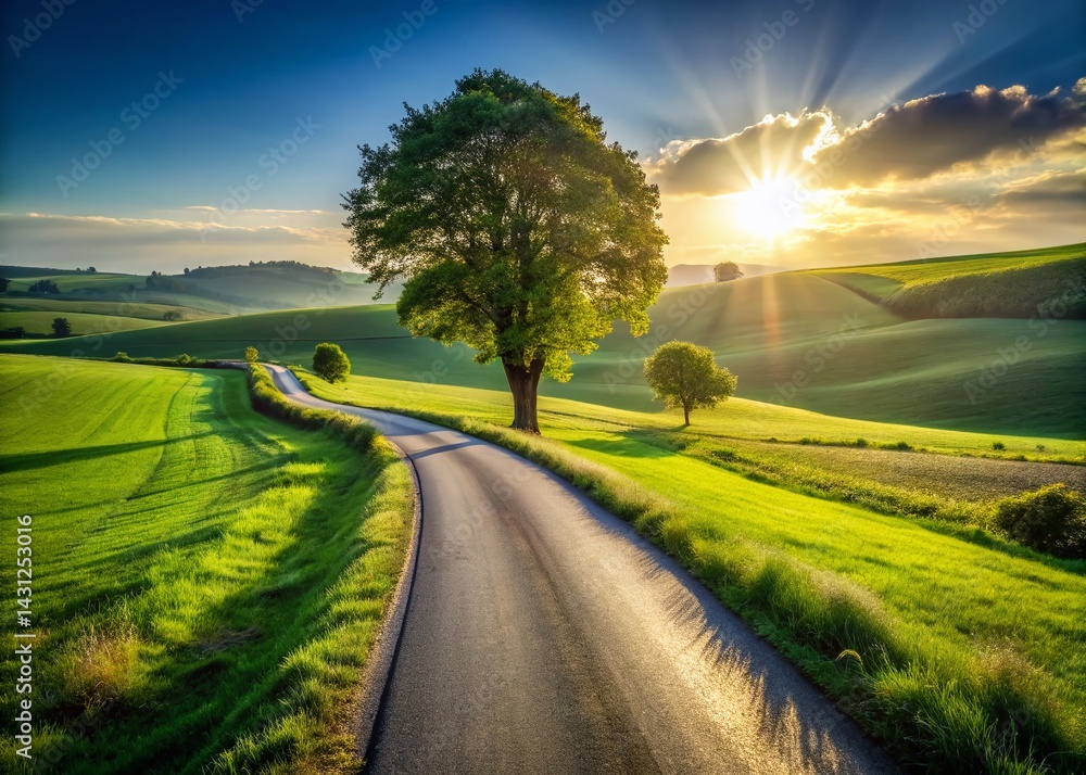 Obraz premium Minimalist Countryside Road: Winding Path Through Lush Green Fields