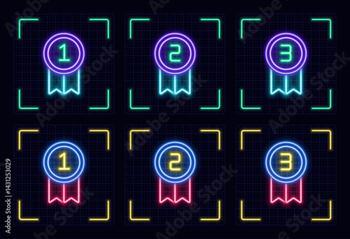 Medals symbol set, cyber neon visual, glowing border grid vector.