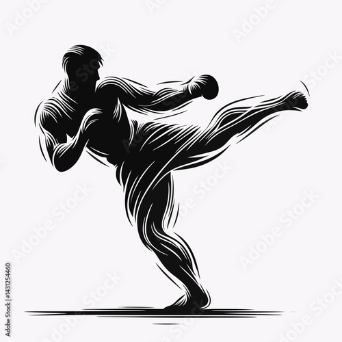 Dynamic silhouette of a Kickboxer in stance on white background  