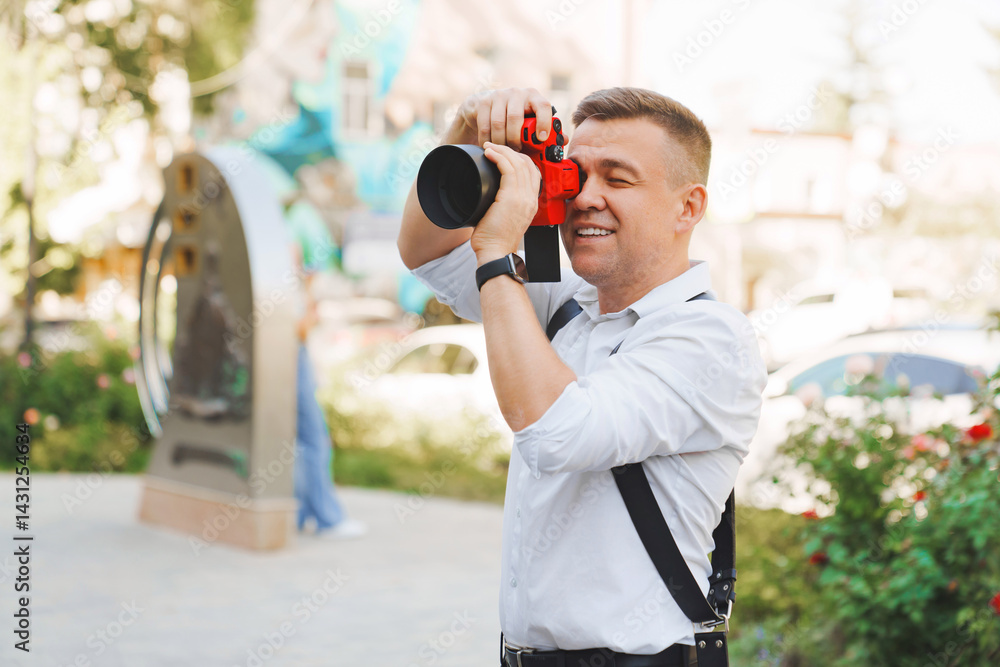 A middle-aged man with a camera in a red protective case takes a photo.