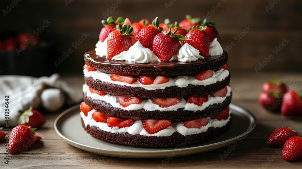 Layered Chocolate Strawberry Cake with Whipped Cream Layered Chocolate Strawberry Cake with Whipped Cream