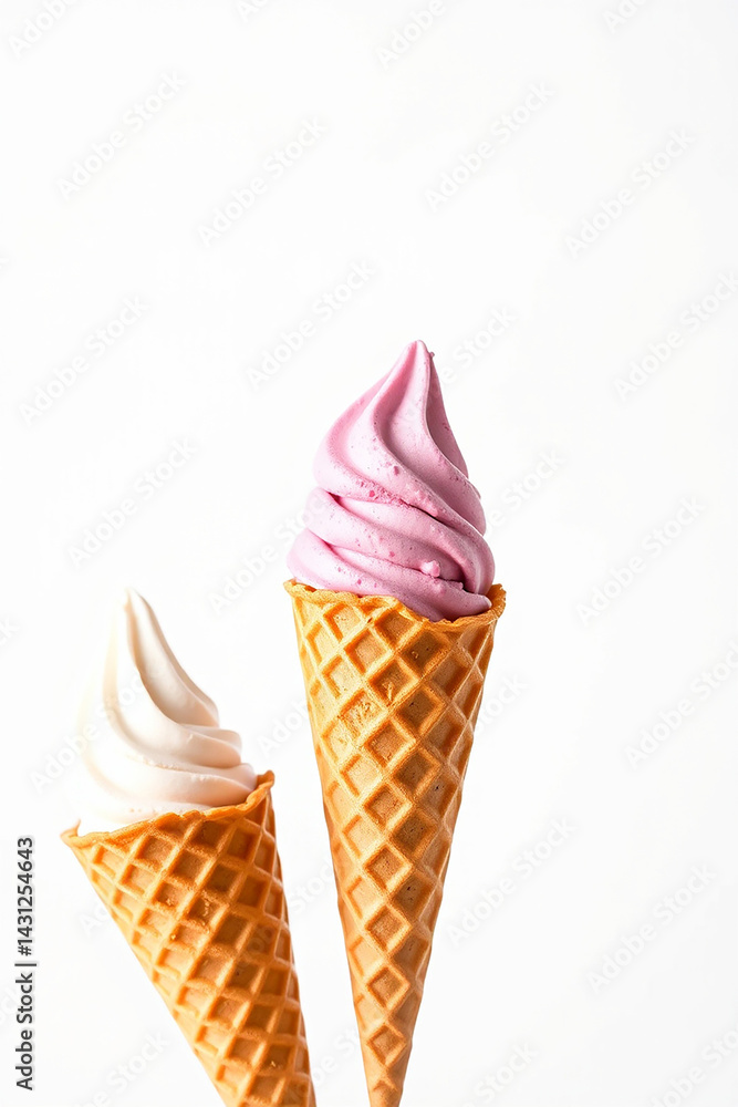 Ice cream cones with pink and white soft serve. Waffle cones filled with sweet frozen dessert. Two cones are on a plain white background. Simple refreshing treat. Ice cream cones with pink and white soft serve. Waffle cones filled with sweet frozen dessert. Two cones are on a plain white background. Simple refreshing treat.