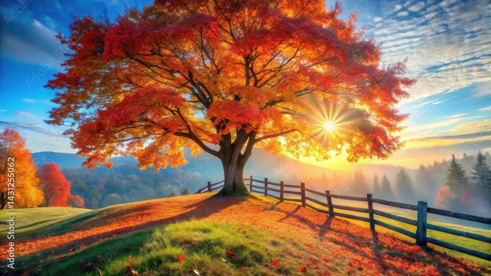 Fototapeta premium Autumnal Majesty A Solitary Tree Basking in the Golden Sunrise Light, Casting Long Shadows Across a Verdant Meadow Enclosed by a Rustic Fence