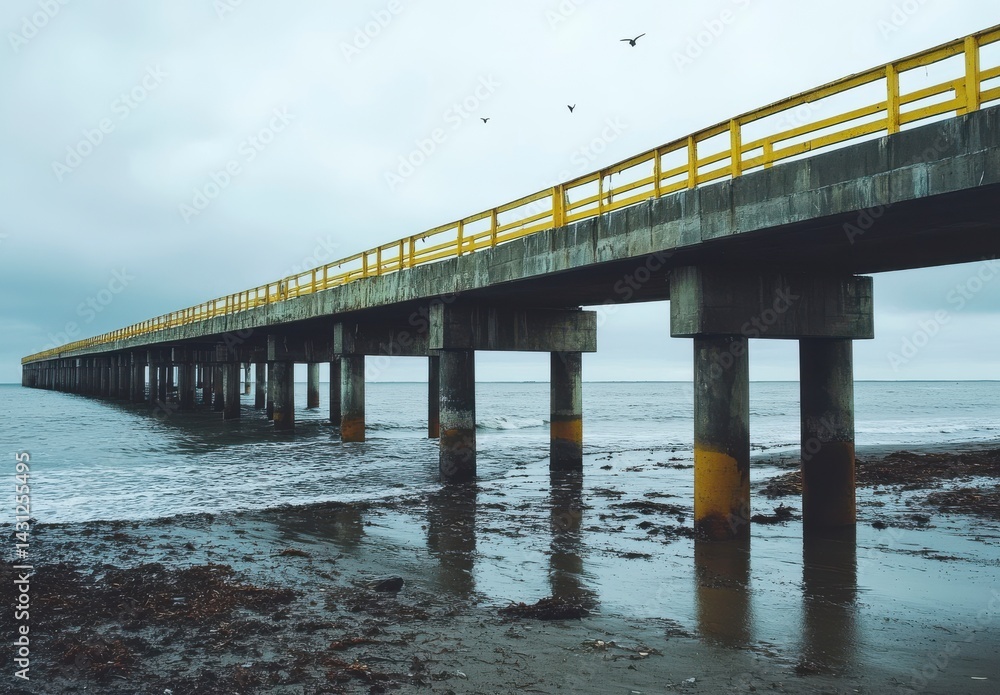 Obraz premium Long Concrete Pier Extending Over Dark Grey Sea Under Overcast Sky