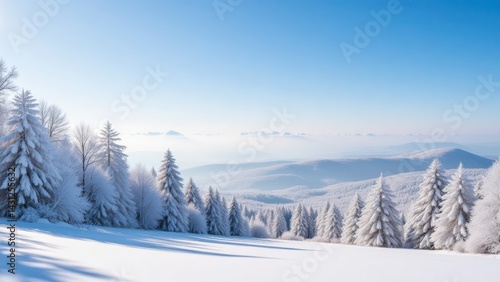 Snowy mountain landscape with frosted trees under a clear blue sky