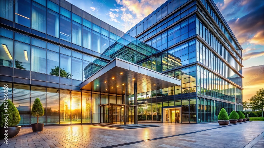 Obraz premium Modern Glass Office Building Entrance, Unique Architecture, Corporate Exterior