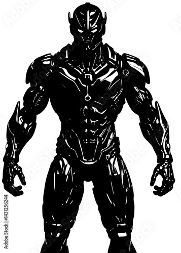 Powerful Black and White Illustration of a Futuristic Robot Warrior