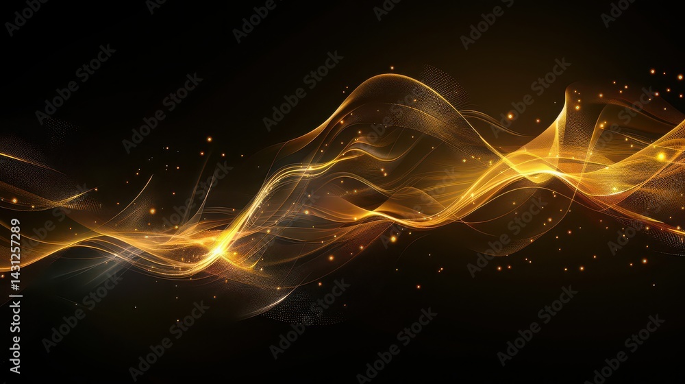 Fototapeta premium Abstract golden waves with sparkling particles on a dark background creating a dynamic effect