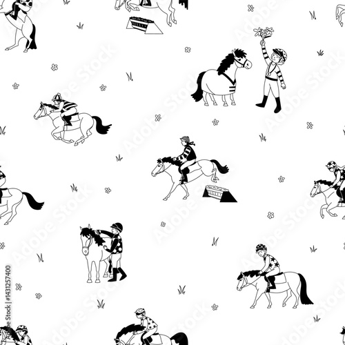 Seamless pattern with young jockeys riding ponies