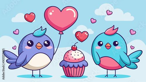 Cute Cartoon Birds with Heart Balloon and Cupcake for Valentines Day