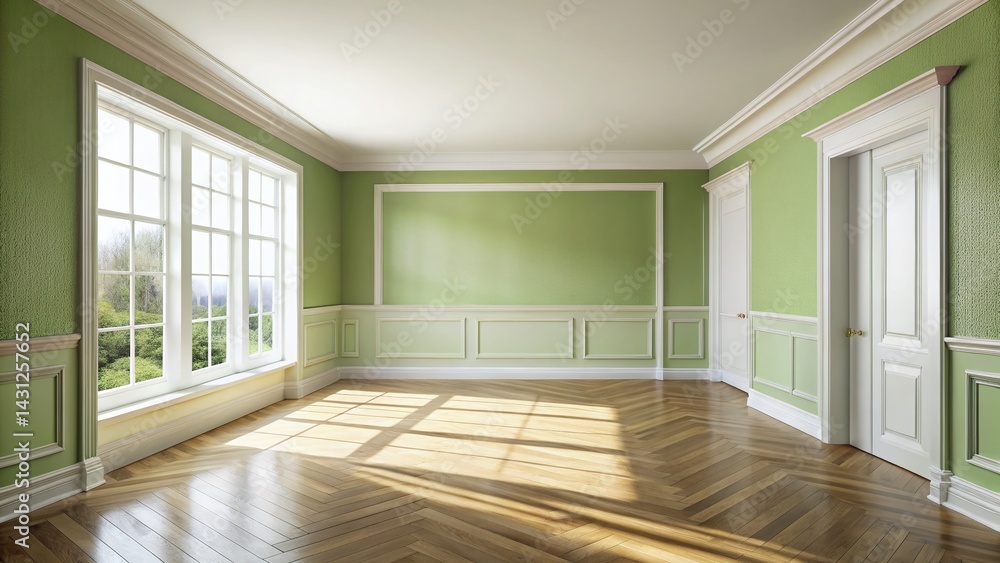 Modern Minimalist Empty Room Interior Design - Green and White Walls, High Depth of Field Modern Minimalist Empty Room Interior Design - Green and White Walls, High Depth of Field