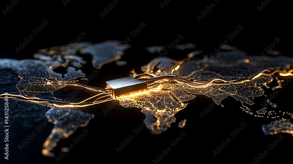 Fototapeta premium Secure Data Transmission Concept with Lock and Map of the World Highlighting Connections