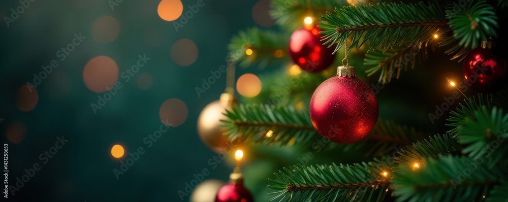 Shiny lights scattered on a green tree with ornaments and colors, baubles, shiny lights Shiny lights scattered on a green tree with ornaments and colors, baubles, shiny lights
