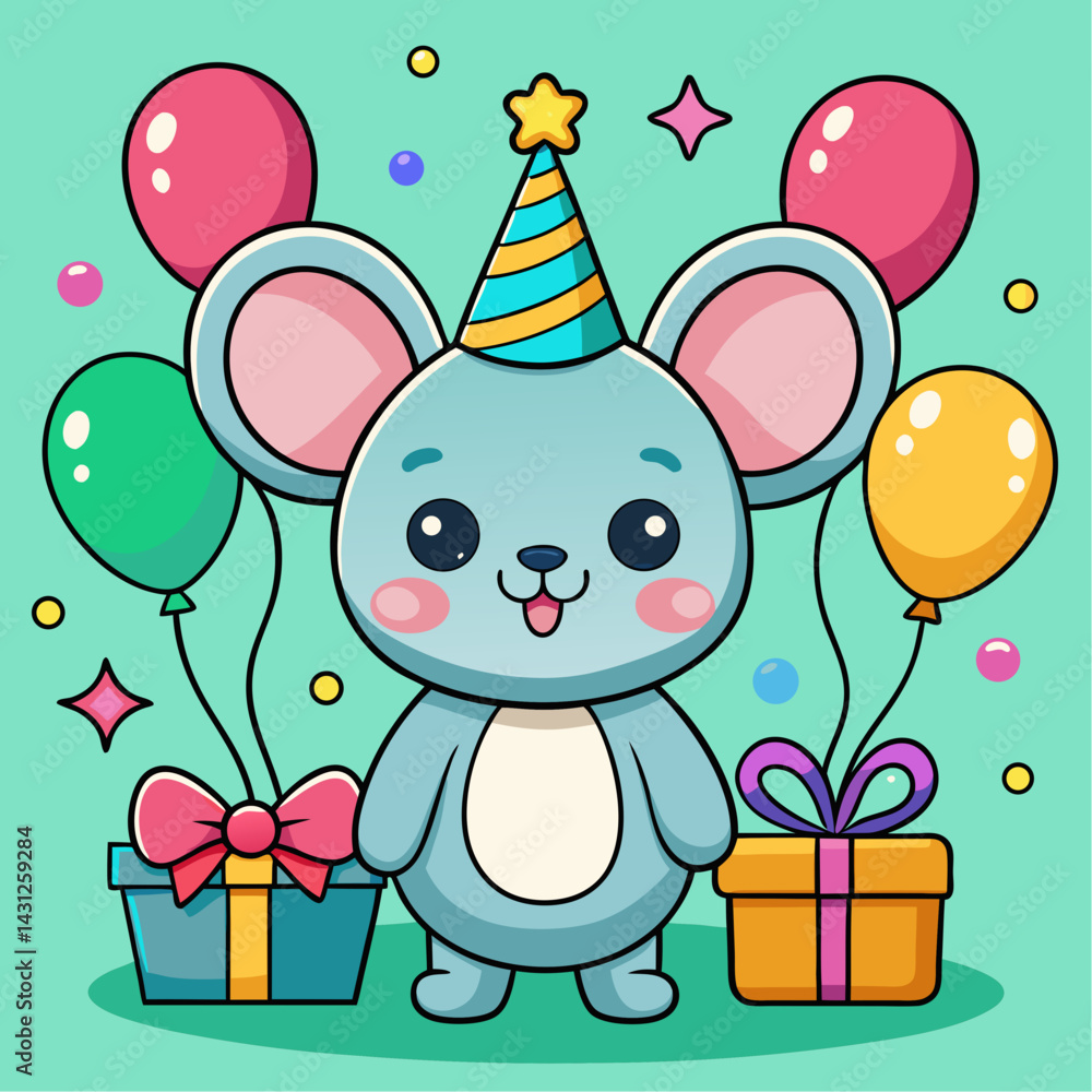 Naklejka premium Adorable Cartoon Mouse Celebrating Birthday with Balloons and Gifts