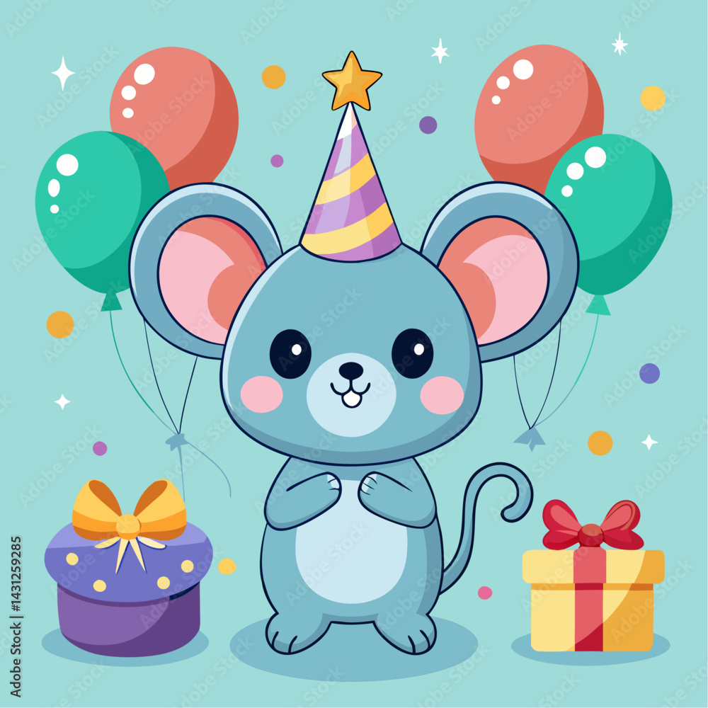 Fototapeta premium Adorable Cartoon Mouse Celebrating Birthday with Gifts and Balloons