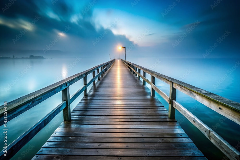 Fototapeta premium Mysterious Monochrome Pier: Foggy Waters Double Exposure Stock Photo