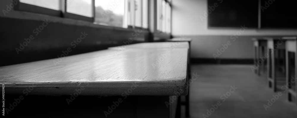 Fototapeta premium Empty classroom with wooden desks in black and white, creating moody atmosphere