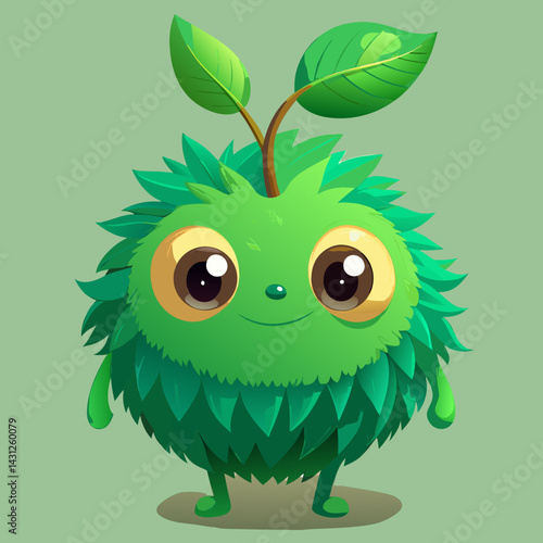 Adorable Green Fuzzy Monster with Leaves on its Head