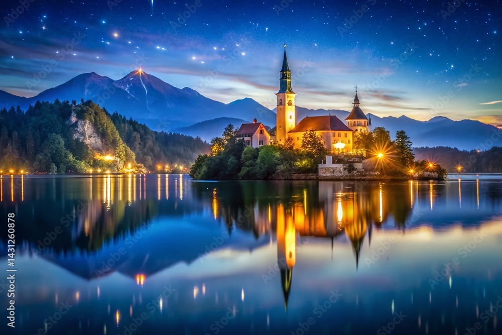 Fototapeta premium Night Photography: Bled Church of the Assumption, Slovenia - Illuminated Lakeside Chapel