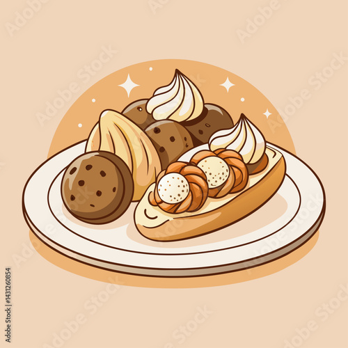 Delicious Pastry Assortment on a Plate Whipped Cream and Cookies