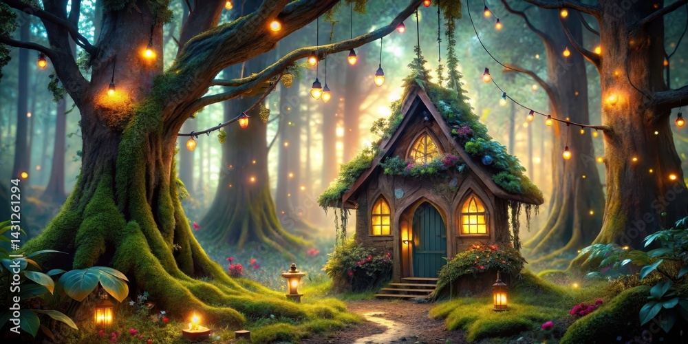 Fototapeta premium House in forest with glowing lights and whimsical decorations, enchanted forest, whimsical house, enchanted forest