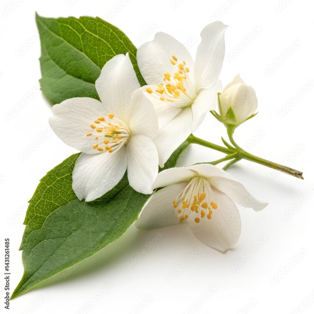 Jasmine flowers with leaves isolated on white background cutout. Jasmine flowers with leaves isolated on white background cutout.