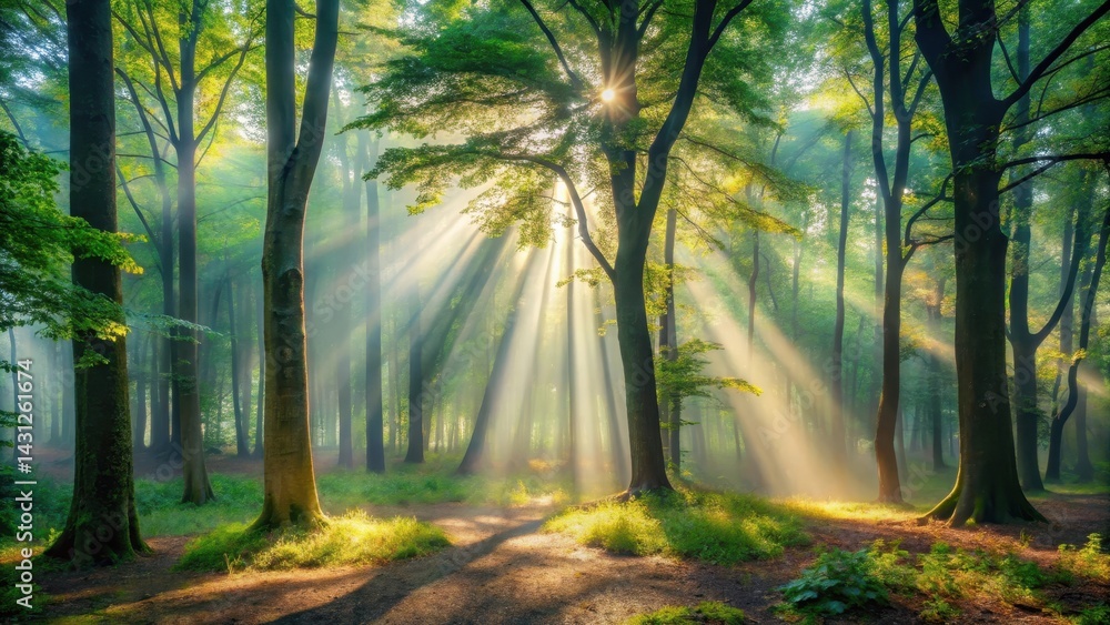 Obraz premium Misty forest morning with light beams filtering through dense trees creating shadows and highlights