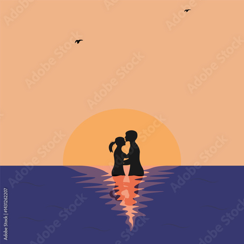 A young couple on the background of a beautiful evening sunset. Silhouettes in the sea of a young man and a girl in love.