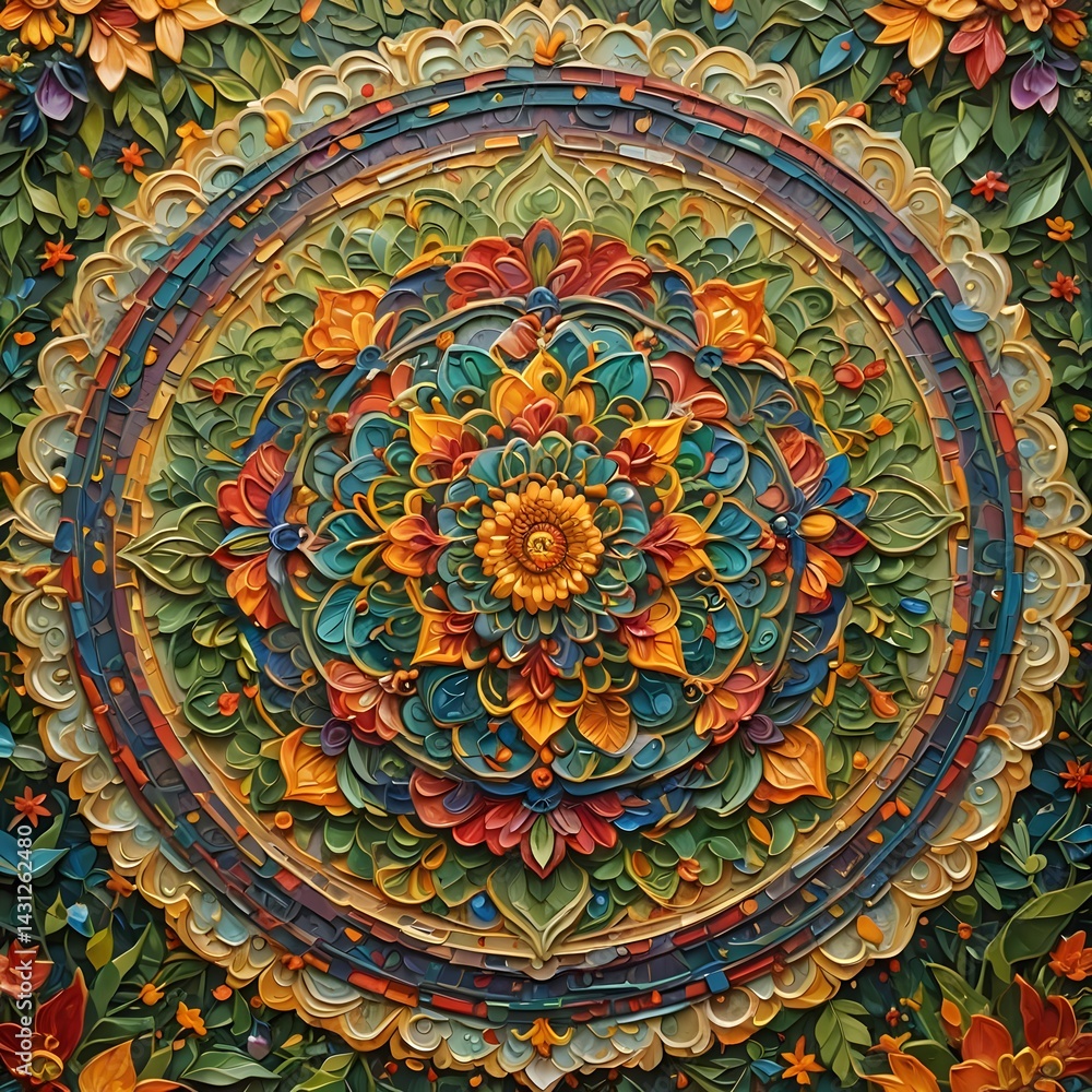 Fototapeta premium Vibrant Multicolor Mandala Design in High-Resolution Vector Format with Intricate Sacred Geometry and Symmetrical Patterns, Featuring Bold Hues for a Dynamic Spiritual Aesthetic, Ideal for Meditation 