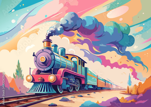 Colorful Steam Train Journey Through a Dreamlike Landscape