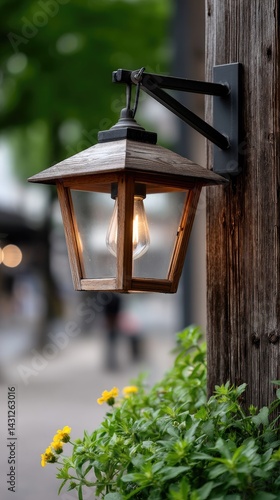 Obraz na płótnie Bright summer day in New Mexico features a wooden garden lantern beside a lush, flower-filled outdoor path, enhancing the scenery w salonie