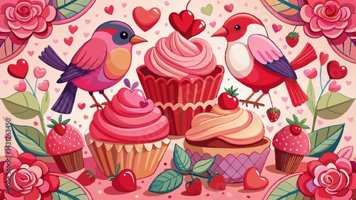 Romantic Valentines Day Cupcakes with Lovebirds and Roses