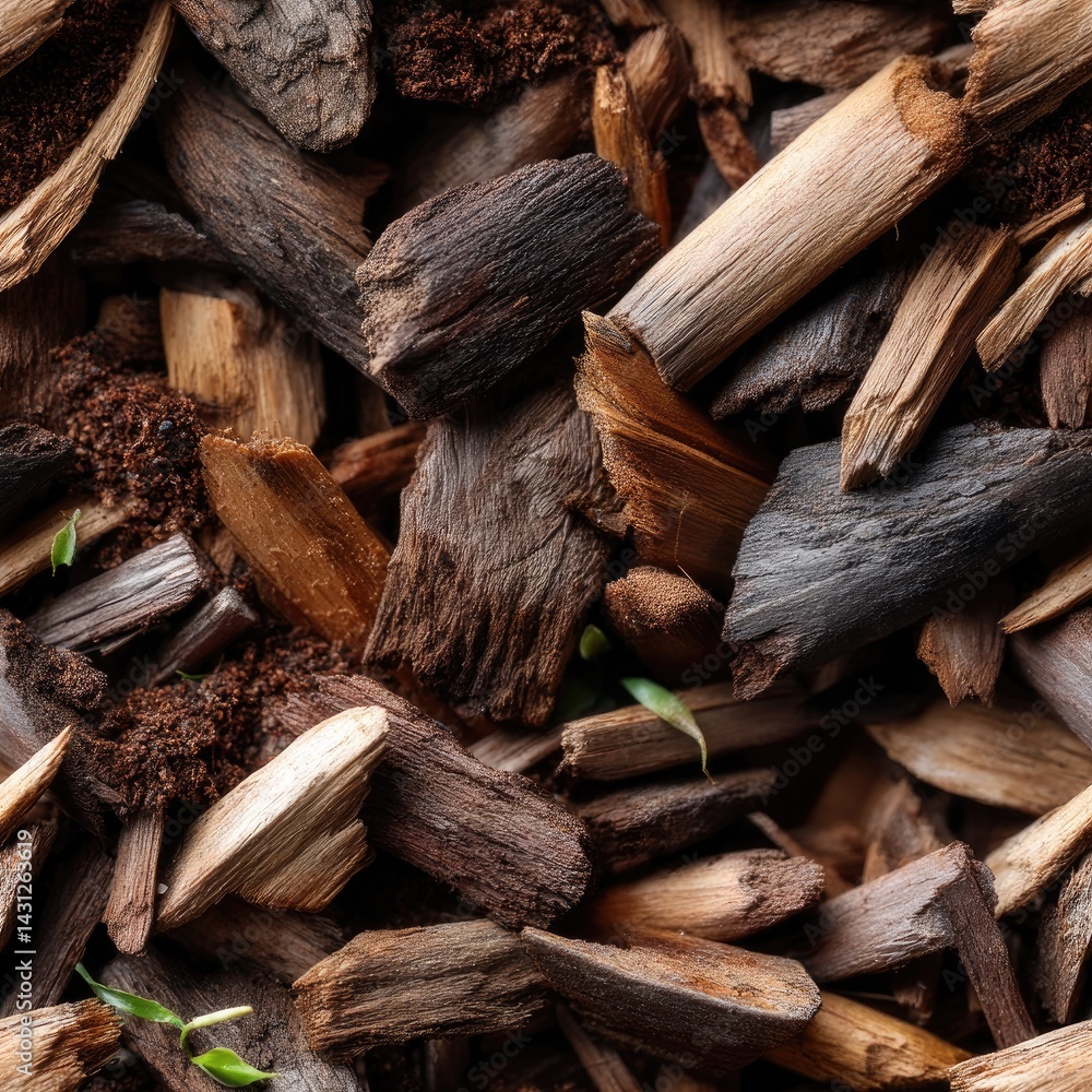 Fine details of brown wood chips arranged to provide a rich mulch background ideal for gardening and landscaping applications SEAMLESS PATTERN