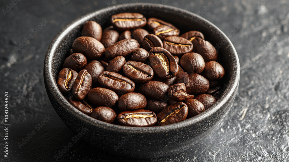 Fototapeta premium From above, a close-up view of roasted coffee beans in a dark bowl on a textured black surface