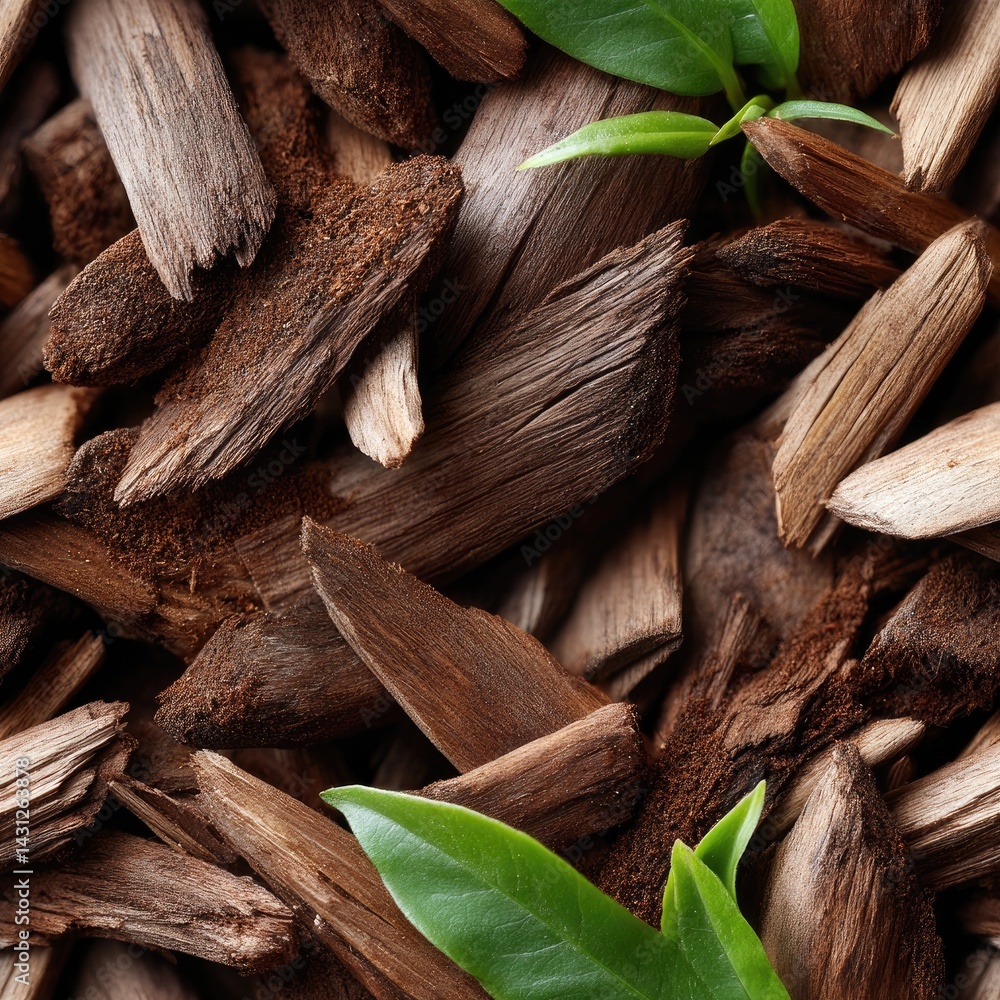 Fine details of brown wood chips arranged to provide a rich mulch background ideal for gardening and landscaping applications SEAMLESS PATTERN