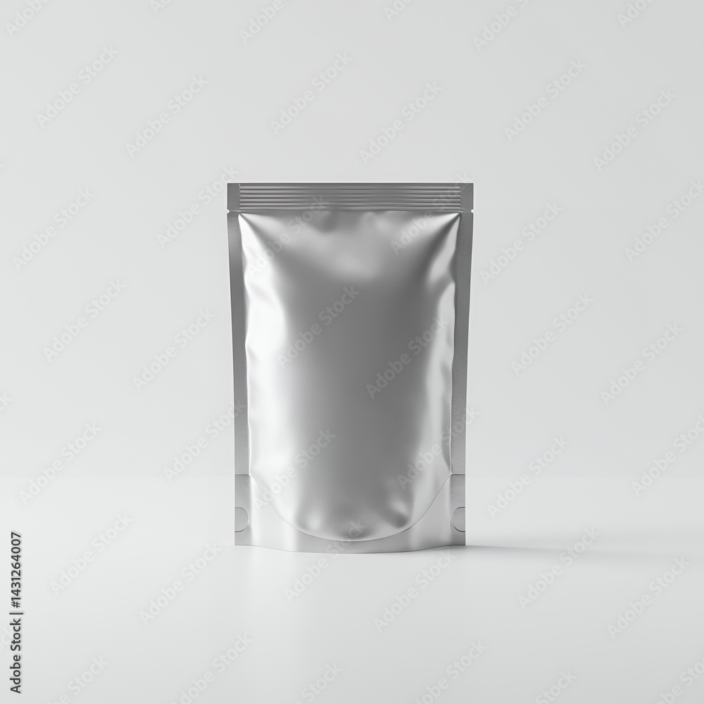Realistic stand-up foil pouch mockup with clean, minimalist lighting. Matte finish packaging on a white surface with soft shadows — ideal for food, coffee, or branding presentations Realistic stand-up foil pouch mockup with clean, minimalist lighting. Matte finish packaging on a white surface with soft shadows — ideal for food, coffee, or branding presentations