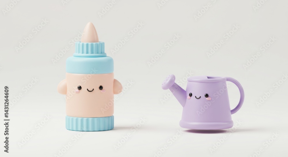 Fototapeta premium Pastel Glue Bottle and Watering Can Figurines on White Background