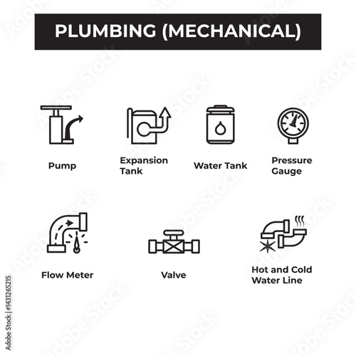 Detailed plumbing system icons (mechanical side) for engineering design, piping layouts, and HVAC blueprints. Ideal for engineers, contractors, and technical illustrators.