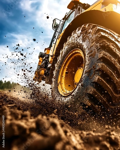 Close-Up View of Heavy Machinery Tire in Action with Dirt and Dust Flying Under Bright Sky