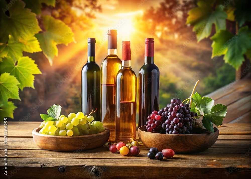 Fototapeta premium Panoramic View: Wine Bottles, Grapes, Rustic Tabletop