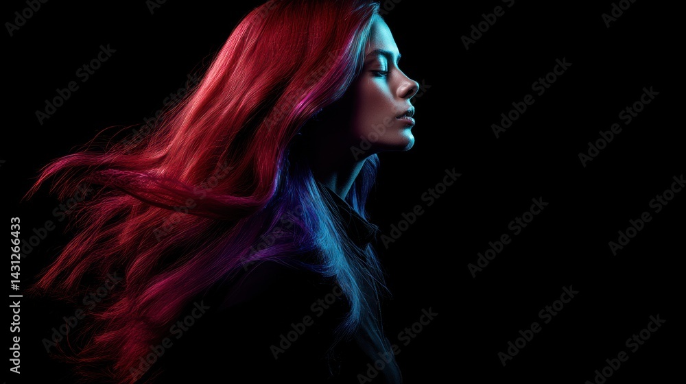 Fototapeta premium Colorful, vibrant, woman's profile, long hair, neon lights