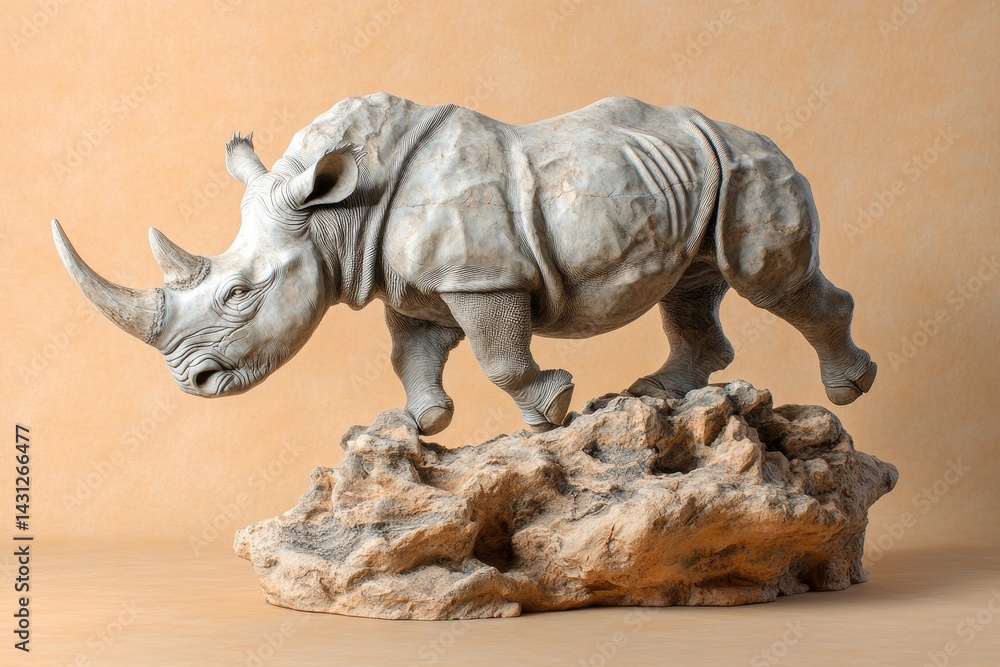 Fototapeta premium Detailed sculpture of a white rhinoceros on a rocky outcrop.