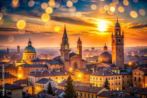 Parma Italy Skyline Panorama at Dusk with Bokeh Lights