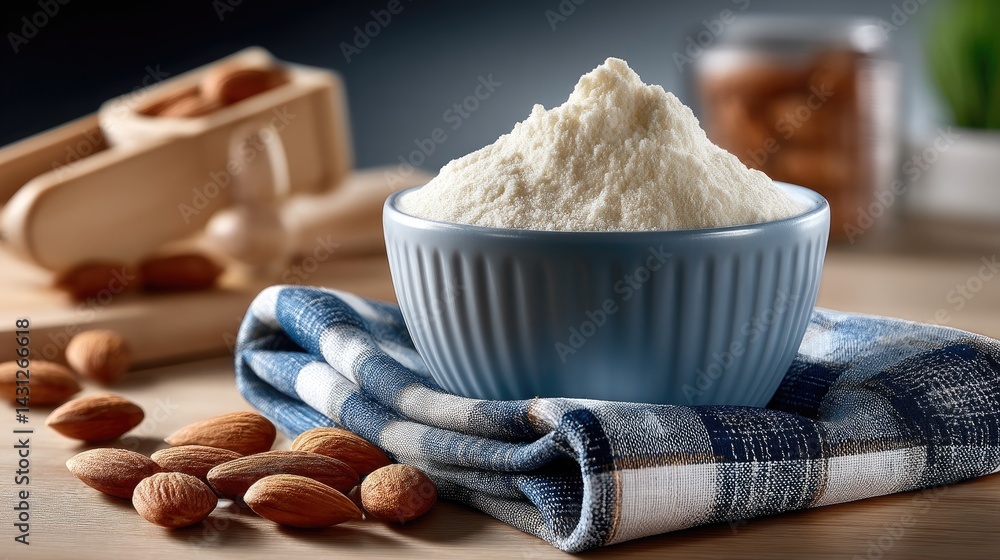 Bowl filled with natural baking powder surrounded by raw almonds on a blue checkered cloth against a wooden table background