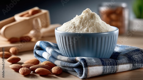 Obraz na płótnie Bowl filled with natural baking powder surrounded by raw almonds on a blue checkered cloth against a wooden table background w salonie