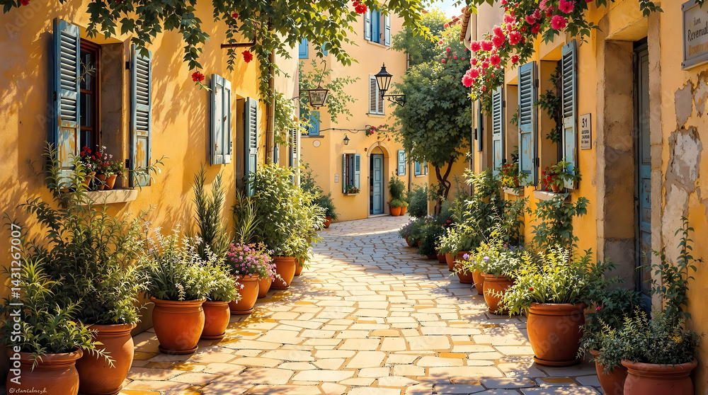 Naklejka premium Sun-Drenched Mediterranean Alleyway Charming Cobblestone Street with Vibrant Flowers and Yellow Buildings