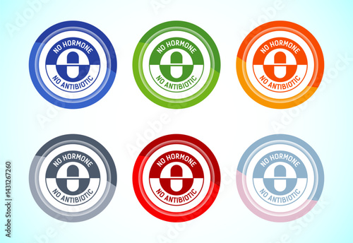 Antibiotic free icon design illustration, No antibiotic label. Organic, healthy, natural, 6 color button design set