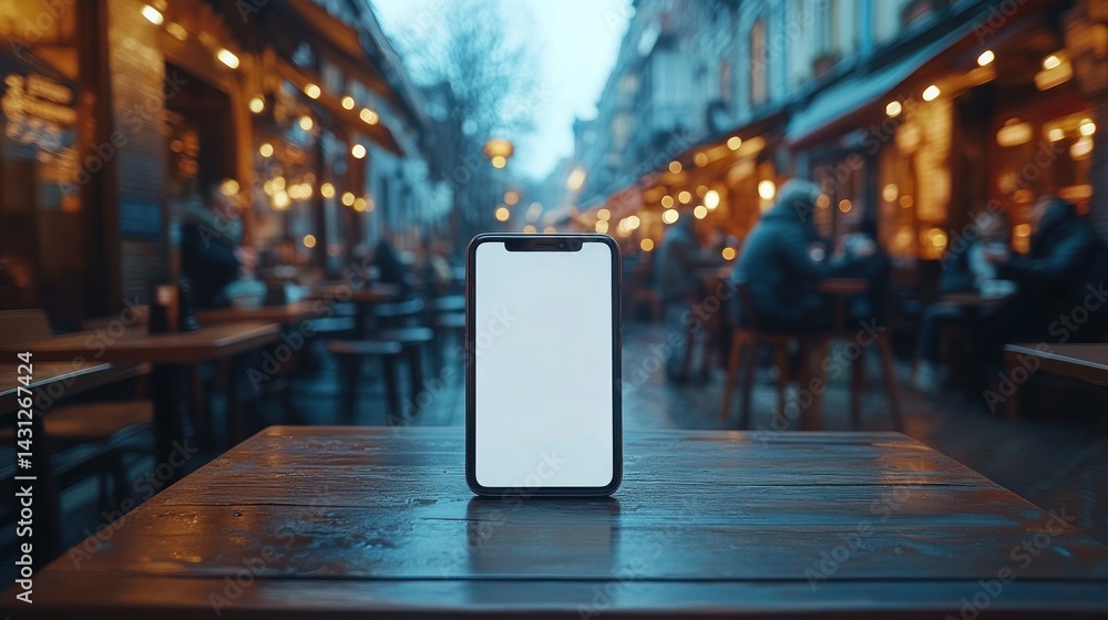 Empty screen smartphone on wooden table, urban cafe setting Empty screen smartphone on wooden table, urban cafe setting