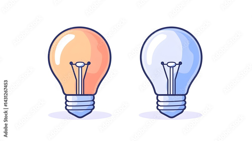 Two light bulbs, one orange and one blue, on a white background Two light bulbs, one orange and one blue, on a white background